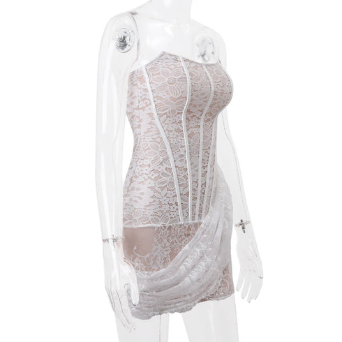 Elegant Lace Strapless See-Through Mini Dress for Women Summer Street Party